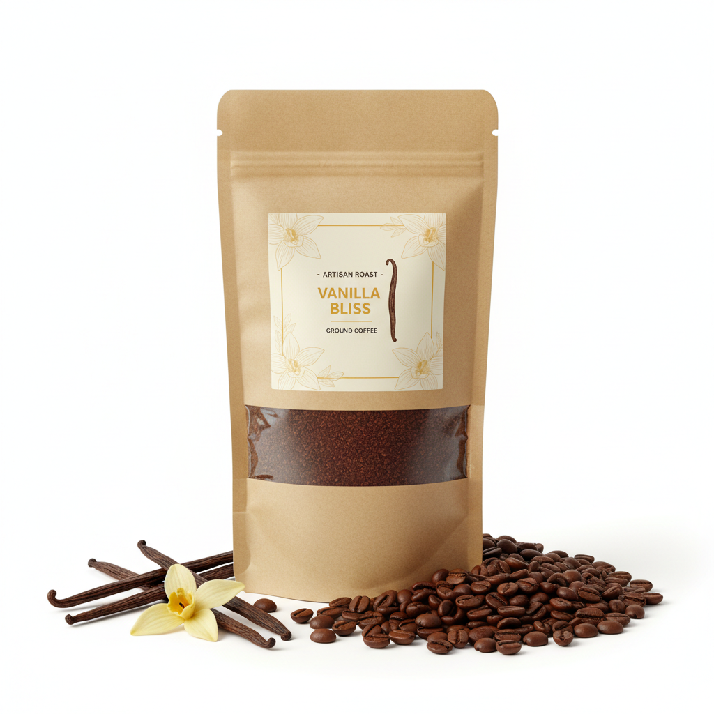 Vanilla Ground Coffee bag with vanilla pods and coffee beans
